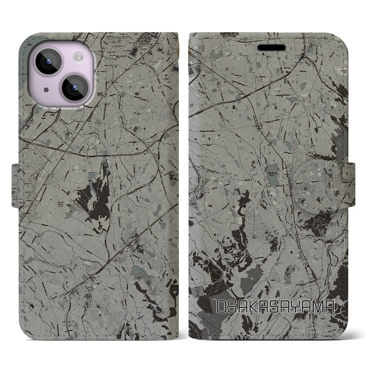 【大阪狭山(大阪府)】地図柄iPhoneケース(手帳タイプ)モノトーン・iPhone 14 用