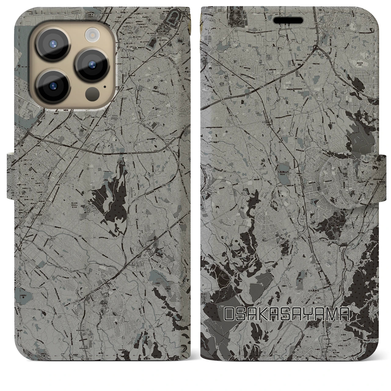 【大阪狭山(大阪府)】地図柄iPhoneケース(手帳タイプ)モノトーン・iPhone 14 Pro Max 用