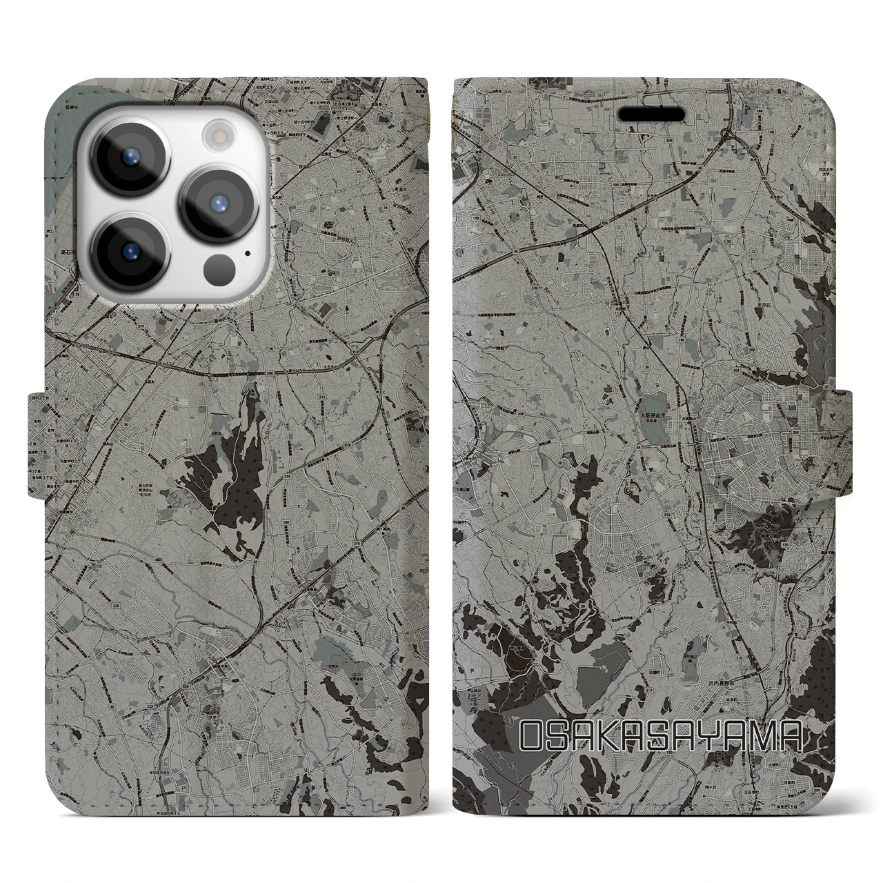 【大阪狭山(大阪府)】地図柄iPhoneケース(手帳タイプ)モノトーン・iPhone 14 Pro 用