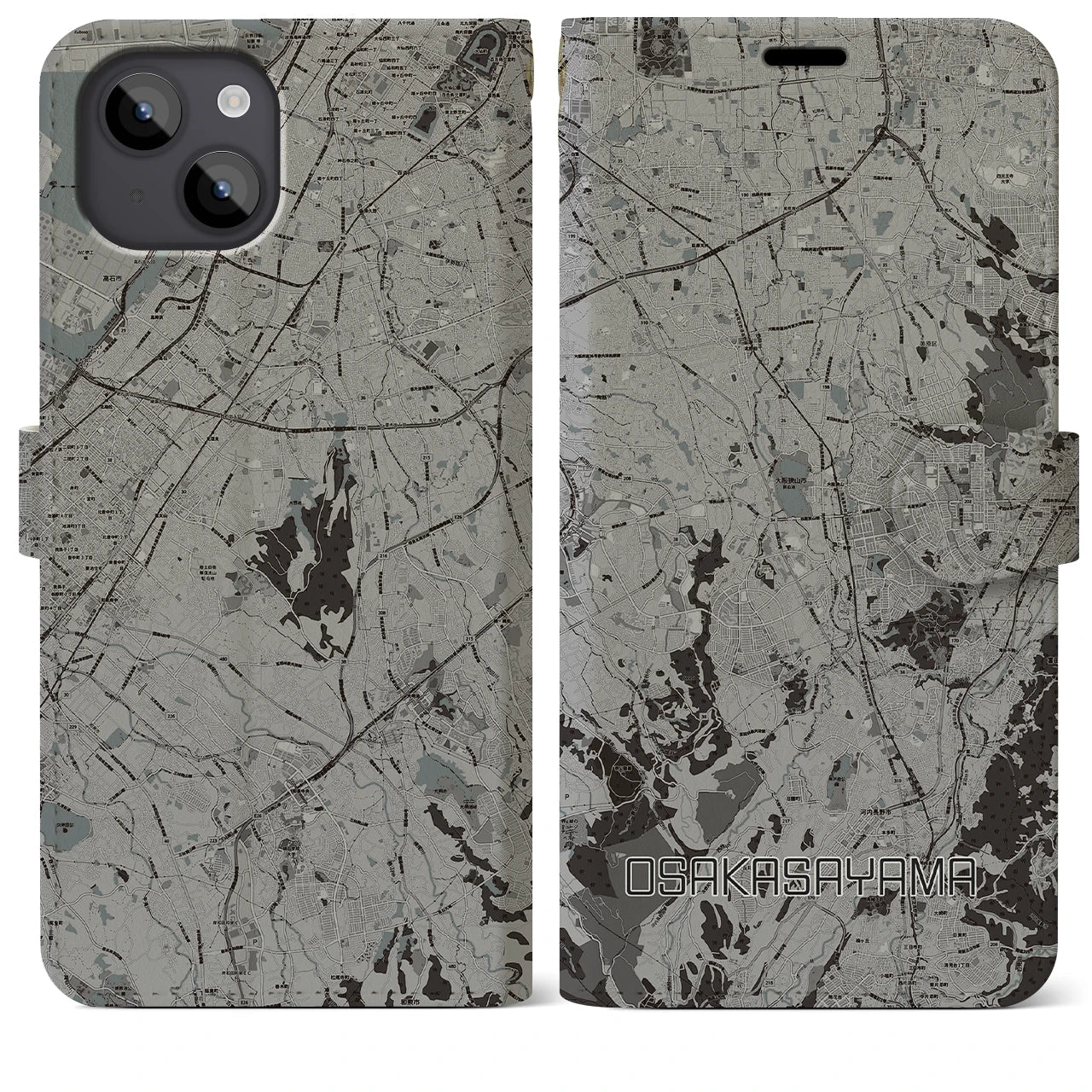 【大阪狭山(大阪府)】地図柄iPhoneケース(手帳タイプ)モノトーン・iPhone 14 Plus 用