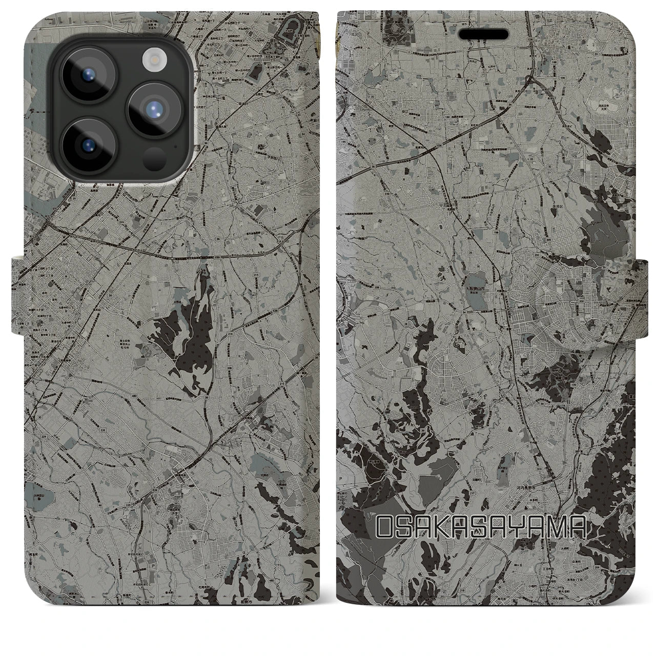 【大阪狭山(大阪府)】地図柄iPhoneケース(手帳タイプ)モノトーン・iPhone 15 Pro Max 用