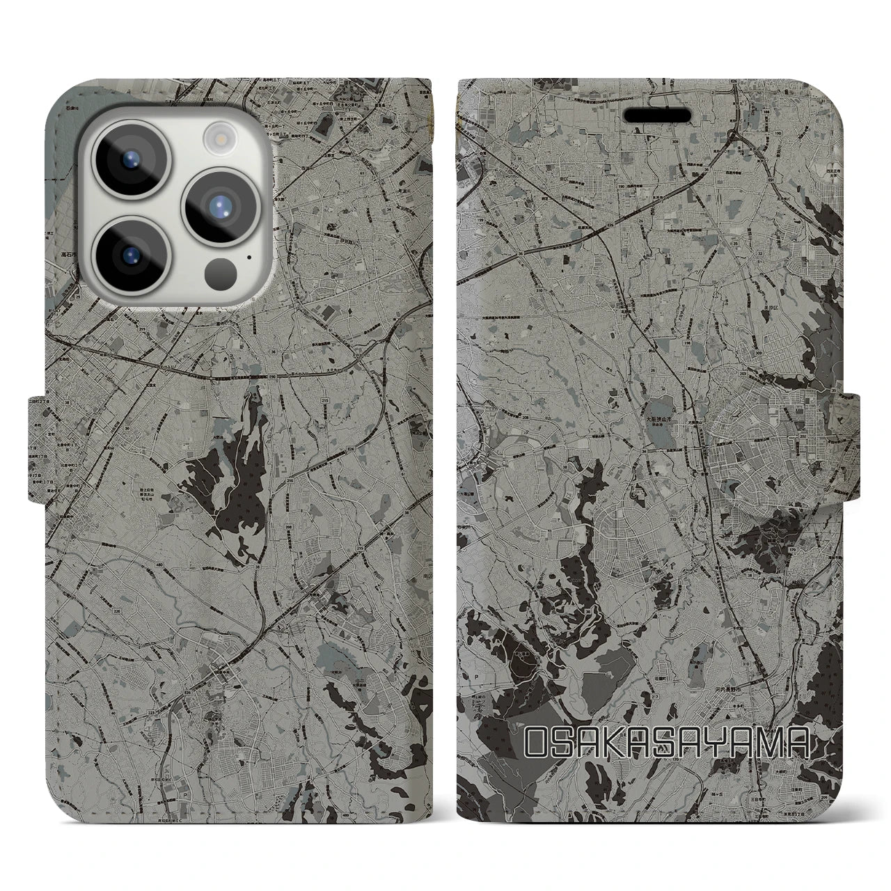 【大阪狭山(大阪府)】地図柄iPhoneケース(手帳タイプ)モノトーン・iPhone 15 Pro 用