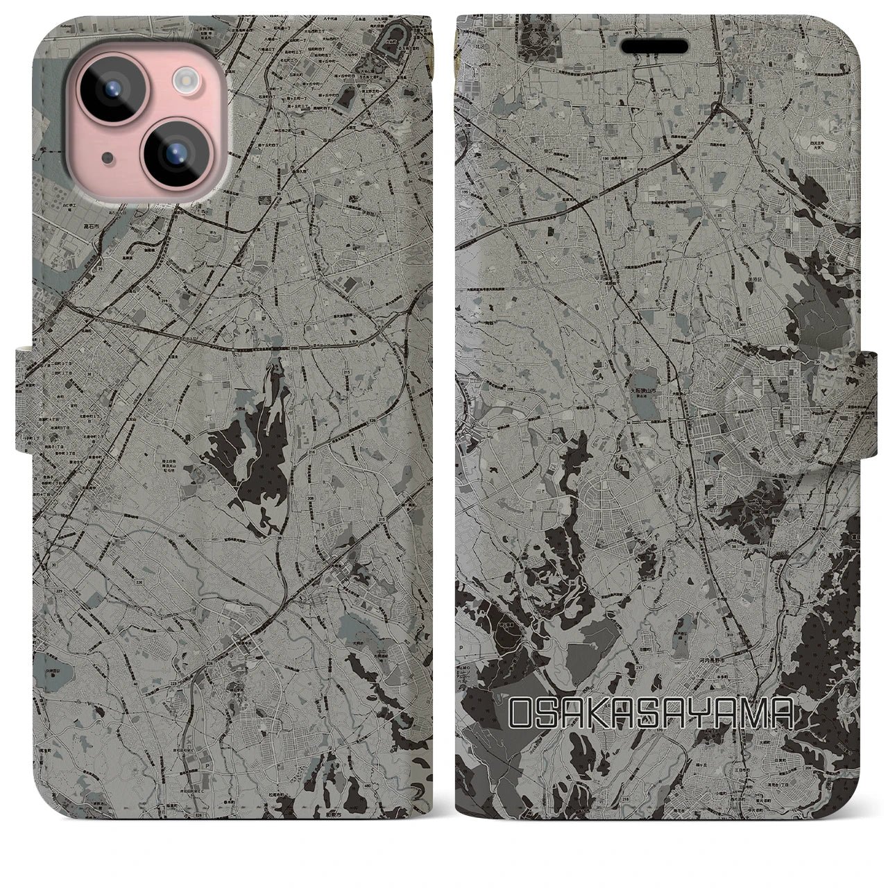 【大阪狭山(大阪府)】地図柄iPhoneケース(手帳タイプ)モノトーン・iPhone 15 Plus 用