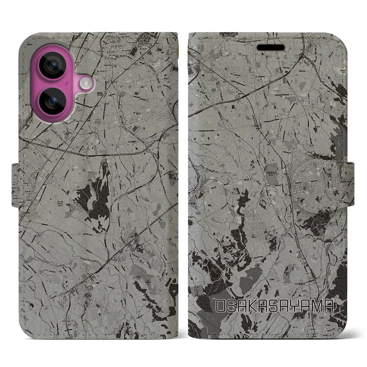 【大阪狭山(大阪府)】地図柄iPhoneケース(手帳タイプ)モノトーン・iPhone 16 Pro 用
