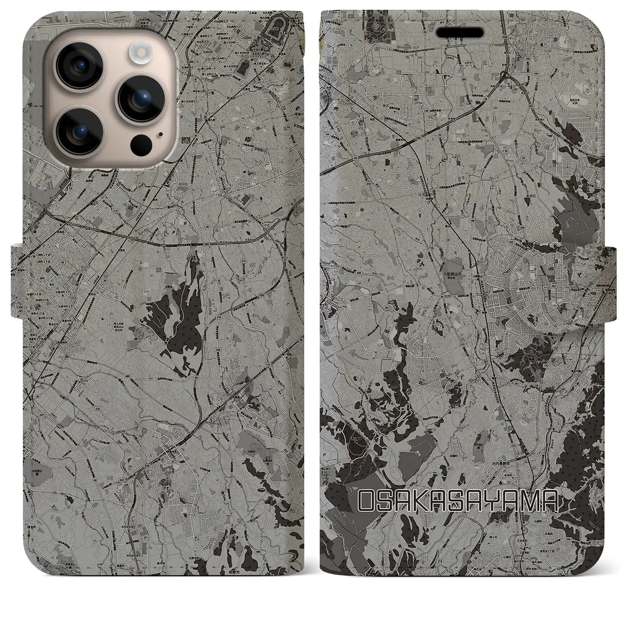 【大阪狭山(大阪府)】地図柄iPhoneケース(手帳タイプ)モノトーン・iPhone 16 Plus 用