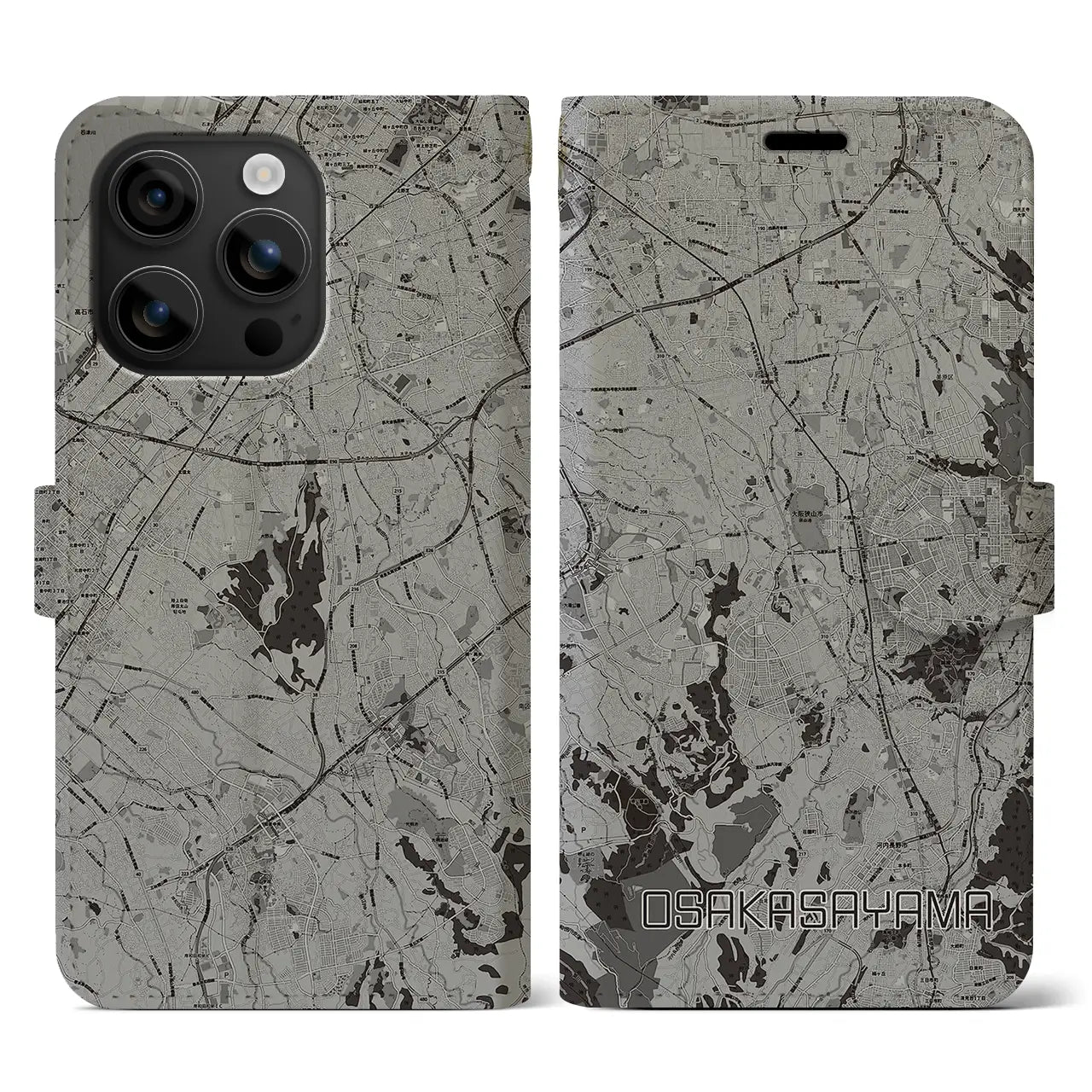 【大阪狭山(大阪府)】地図柄iPhoneケース(手帳タイプ)モノトーン・iPhone 16 用