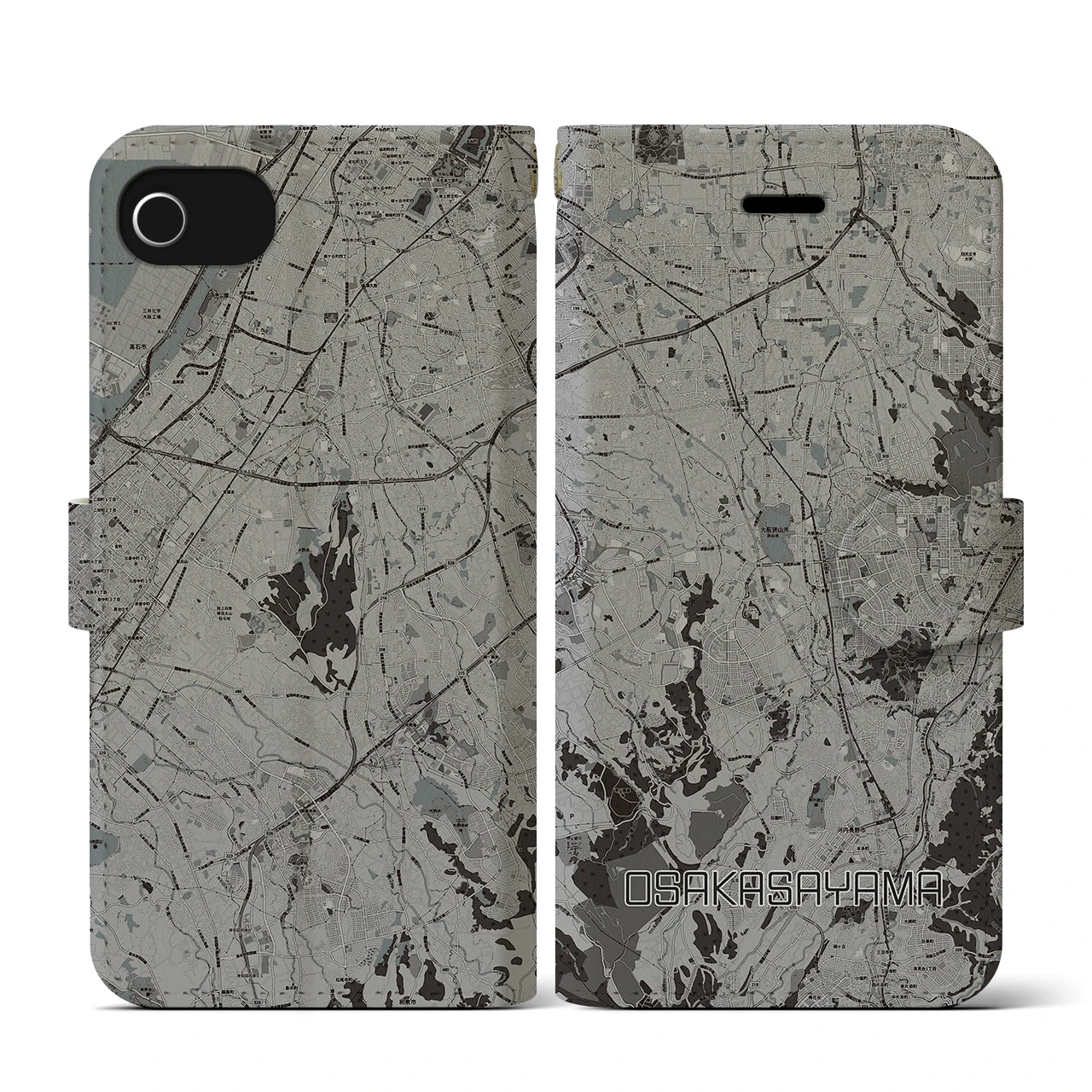 【大阪狭山(大阪府)】地図柄iPhoneケース(手帳タイプ)モノトーン・iPhone SE(第3 / 第2世代) / 8 / 7 / 6s / 6 用