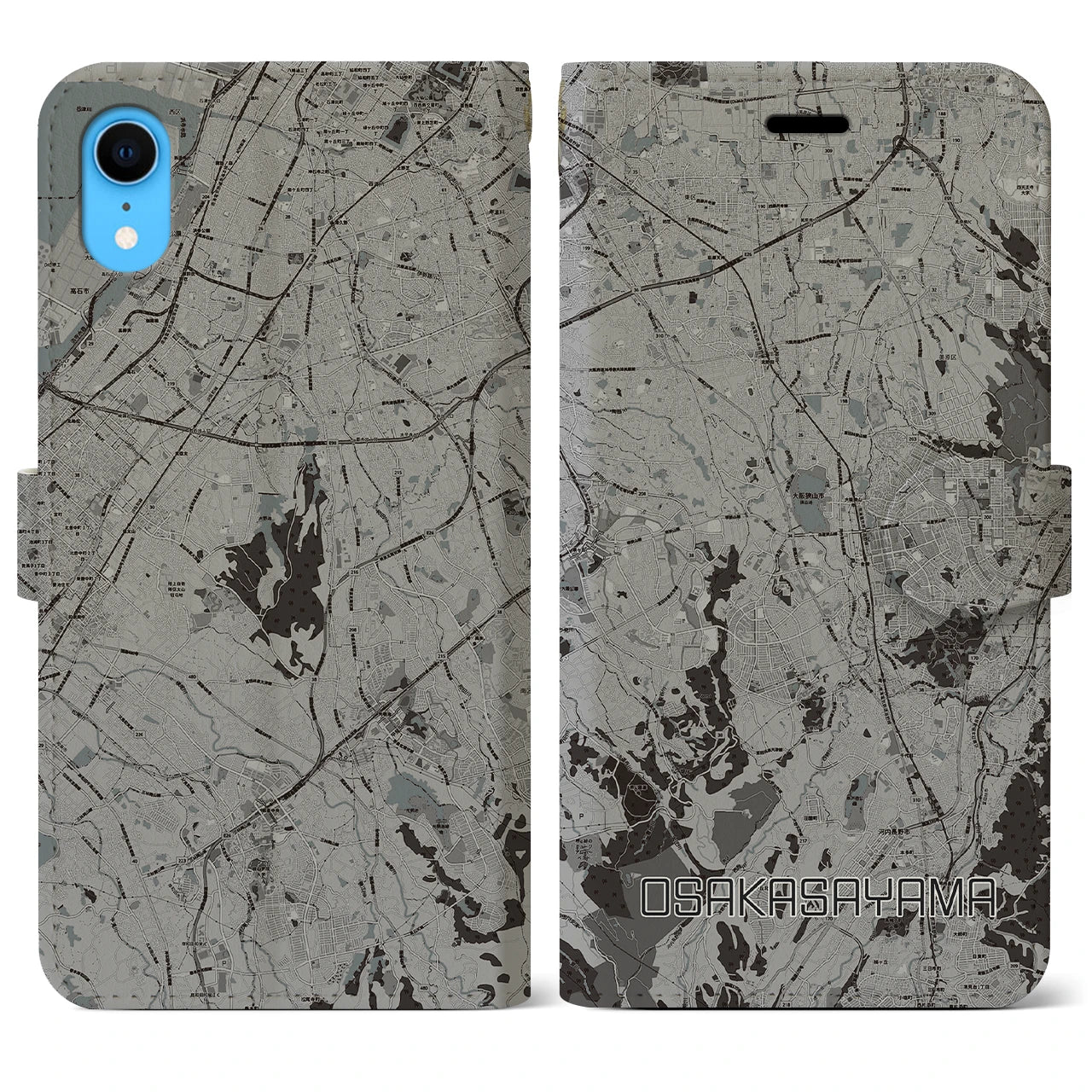 【大阪狭山(大阪府)】地図柄iPhoneケース(手帳タイプ)モノトーン・iPhone XR 用