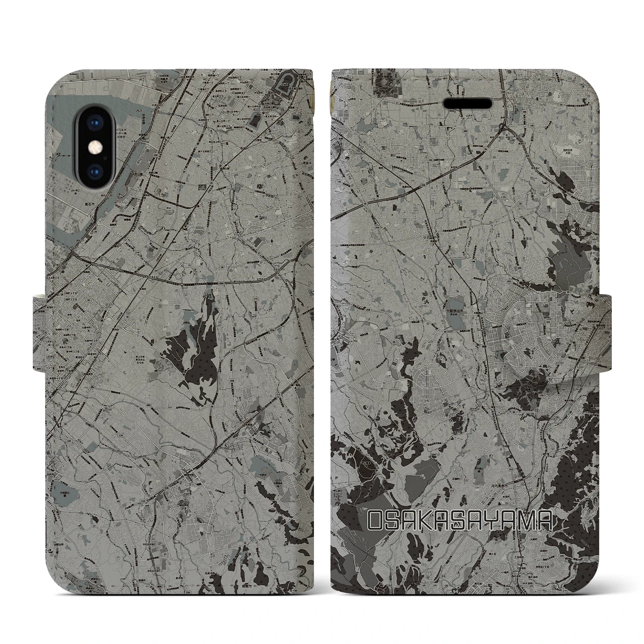 【大阪狭山(大阪府)】地図柄iPhoneケース(手帳タイプ)モノトーン・iPhone XS / X 用