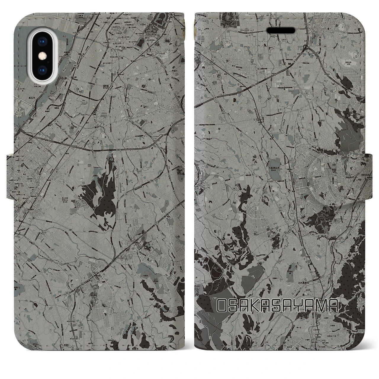 【大阪狭山(大阪府)】地図柄iPhoneケース(手帳タイプ)モノトーン・iPhone XS Max 用