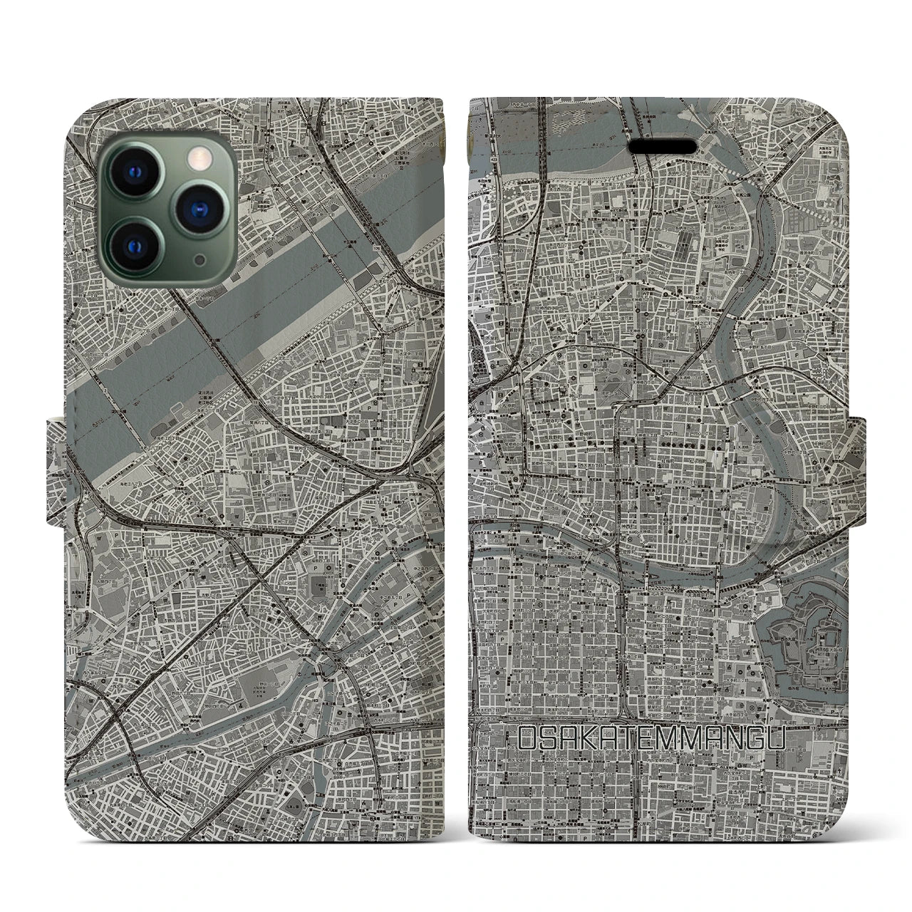 【大阪天満宮(大阪府)】地図柄iPhoneケース(手帳タイプ)モノトーン・iPhone 11 Pro 用