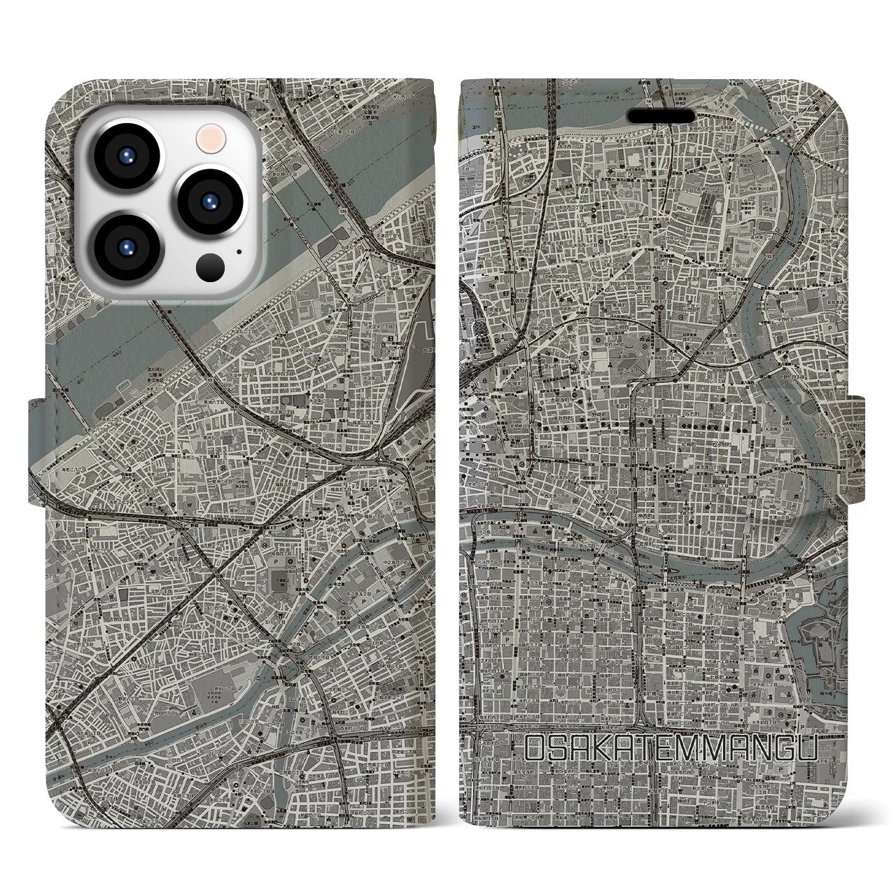 【大阪天満宮(大阪府)】地図柄iPhoneケース(手帳タイプ)モノトーン・iPhone 13 Pro 用