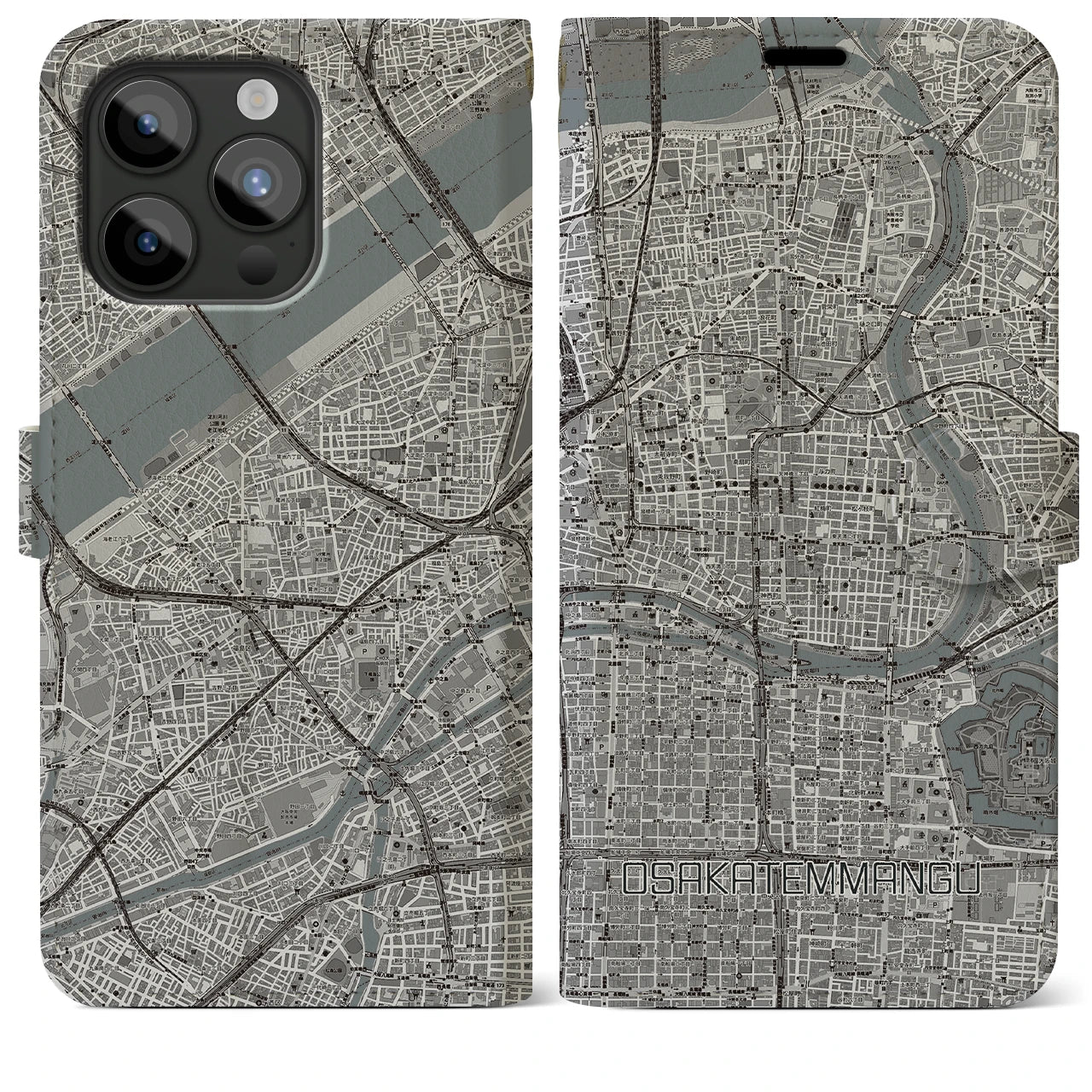 【大阪天満宮(大阪府)】地図柄iPhoneケース(手帳タイプ)モノトーン・iPhone 15 Pro Max 用