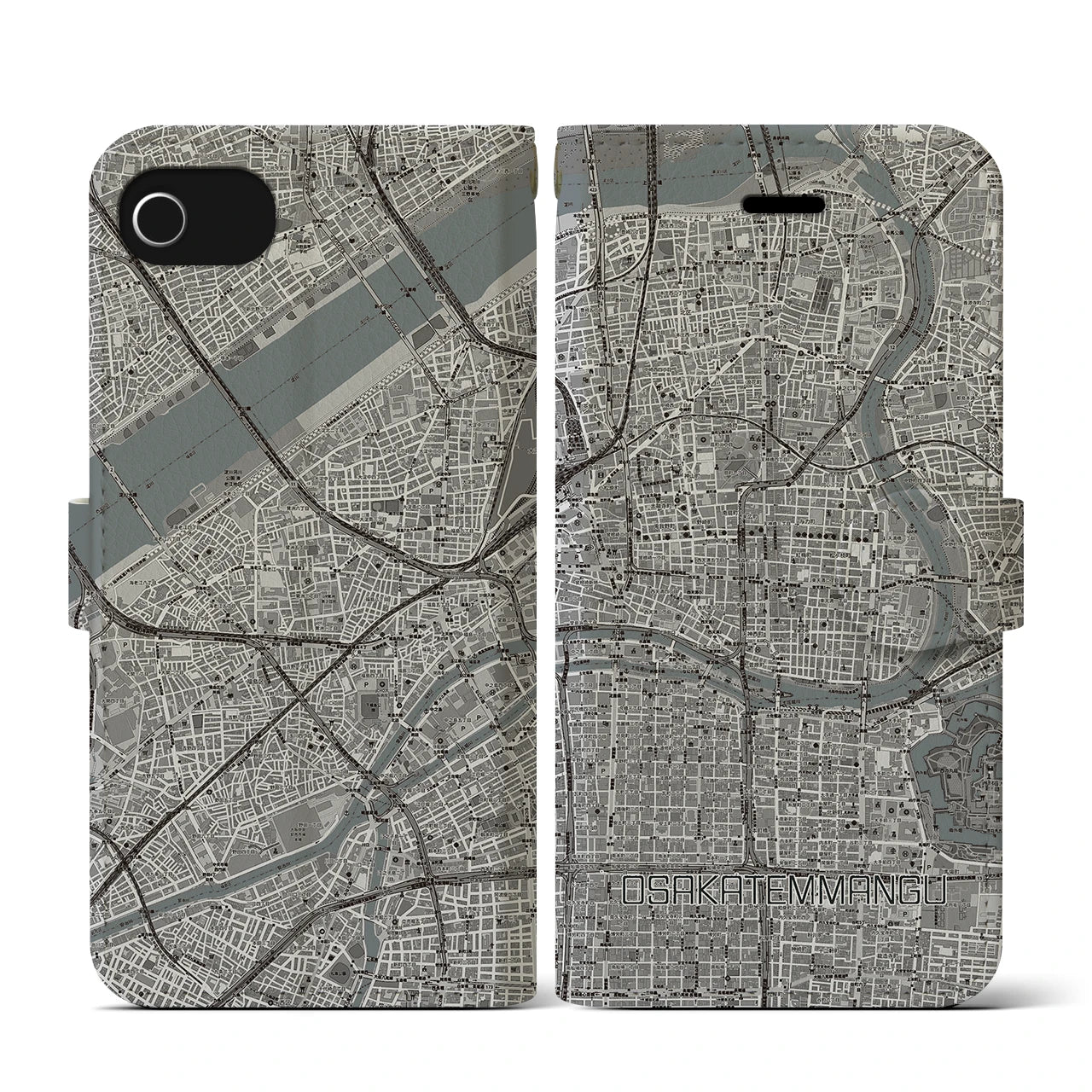 【大阪天満宮(大阪府)】地図柄iPhoneケース(手帳タイプ)モノトーン・iPhone SE(第3 / 第2世代) / 8 / 7 / 6s / 6 用