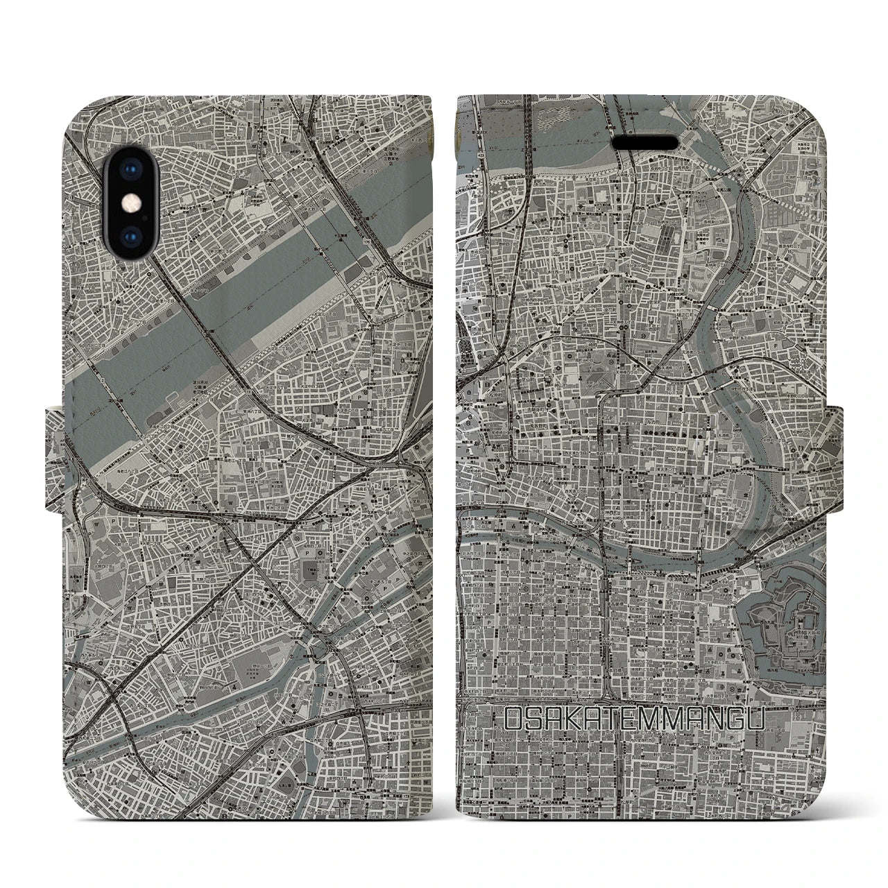 【大阪天満宮(大阪府)】地図柄iPhoneケース(手帳タイプ)モノトーン・iPhone XS / X 用