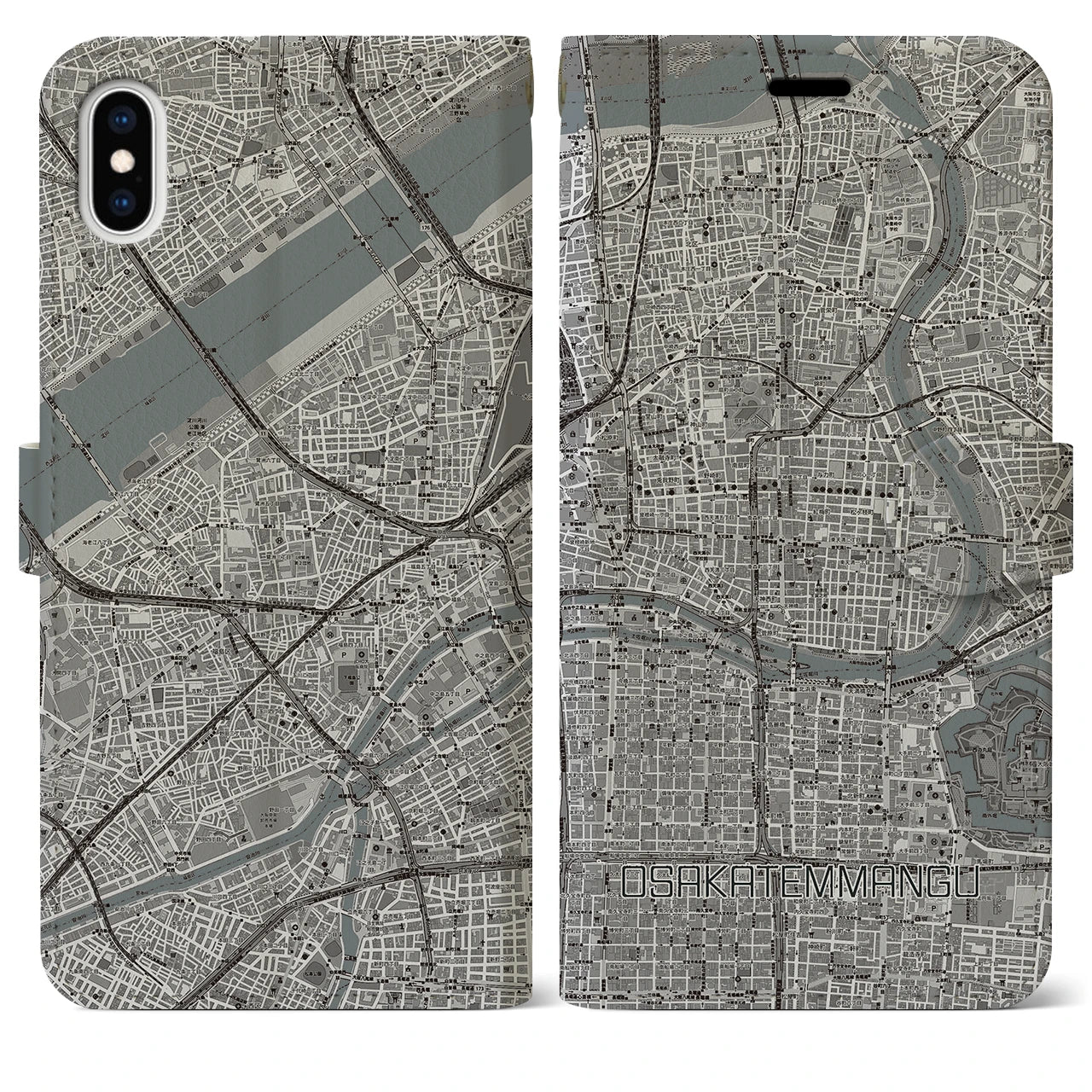 【大阪天満宮(大阪府)】地図柄iPhoneケース(手帳タイプ)モノトーン・iPhone XS Max 用