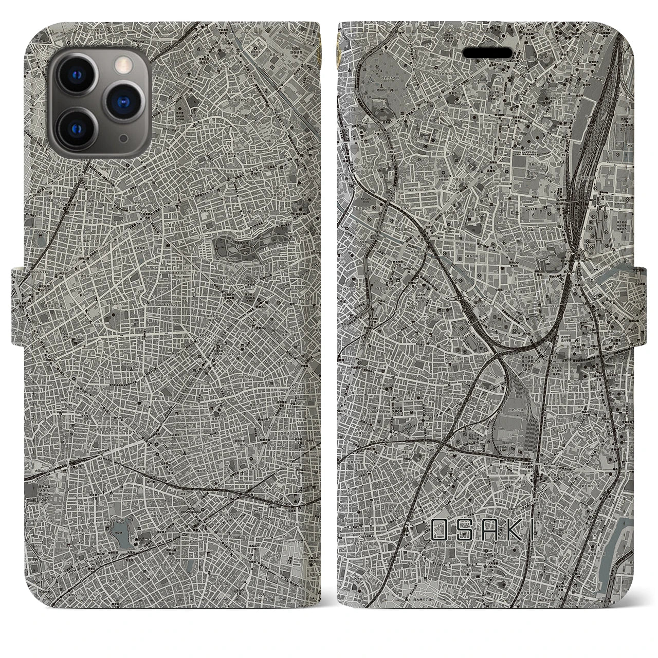 【大崎(東京都)】地図柄iPhoneケース(手帳タイプ)モノトーン・iPhone 11 Pro Max 用