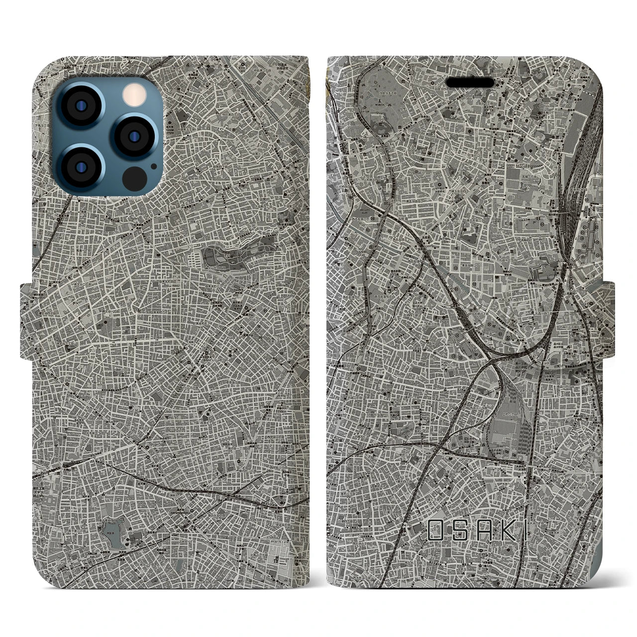 【大崎(東京都)】地図柄iPhoneケース(手帳タイプ)モノトーン・iPhone 12 / 12 Pro 用
