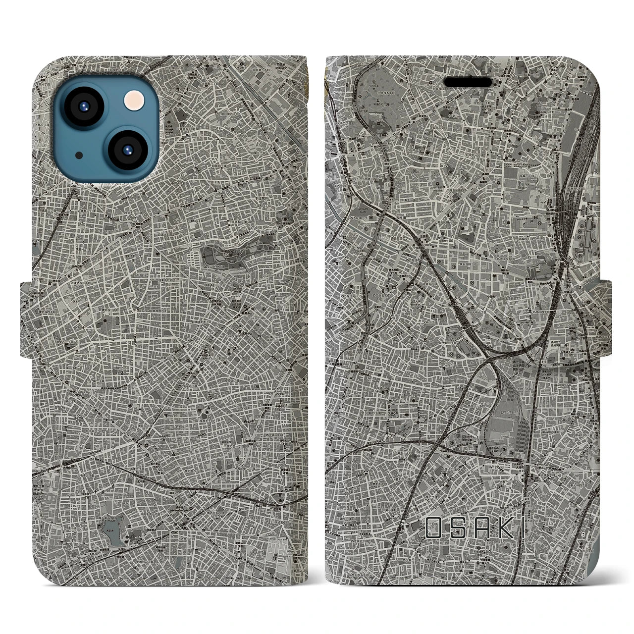 【大崎(東京都)】地図柄iPhoneケース(手帳タイプ)モノトーン・iPhone 13 用
