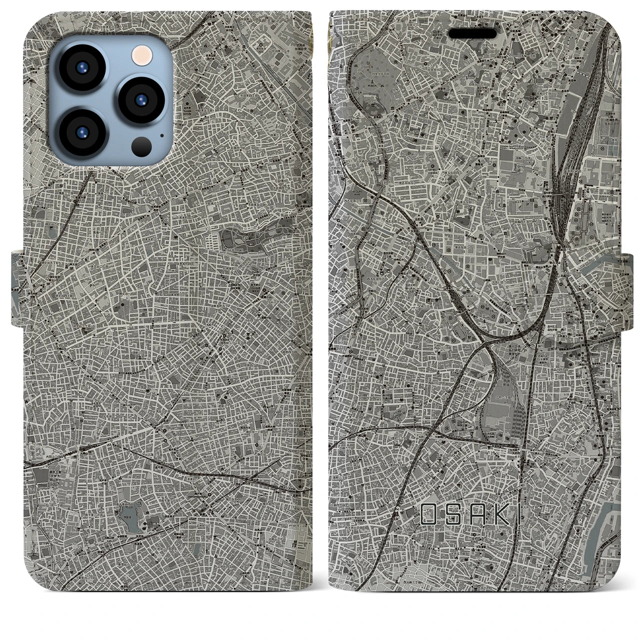 【大崎(東京都)】地図柄iPhoneケース(手帳タイプ)モノトーン・iPhone 13 Pro Max 用