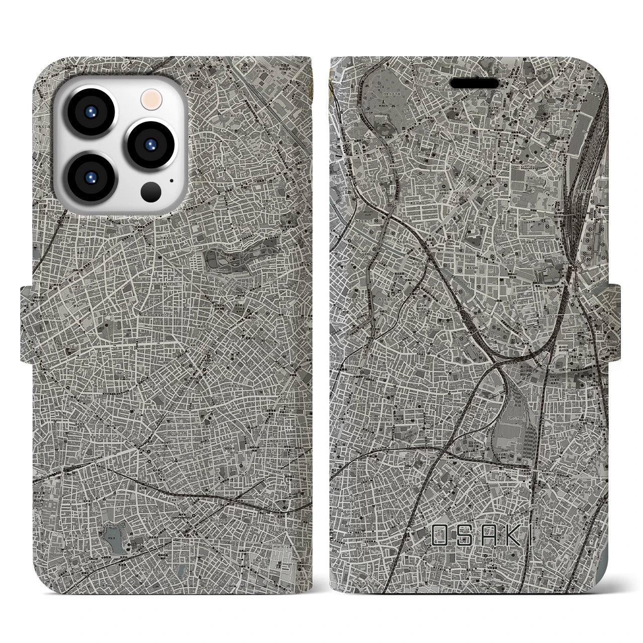 【大崎(東京都)】地図柄iPhoneケース(手帳タイプ)モノトーン・iPhone 13 Pro 用