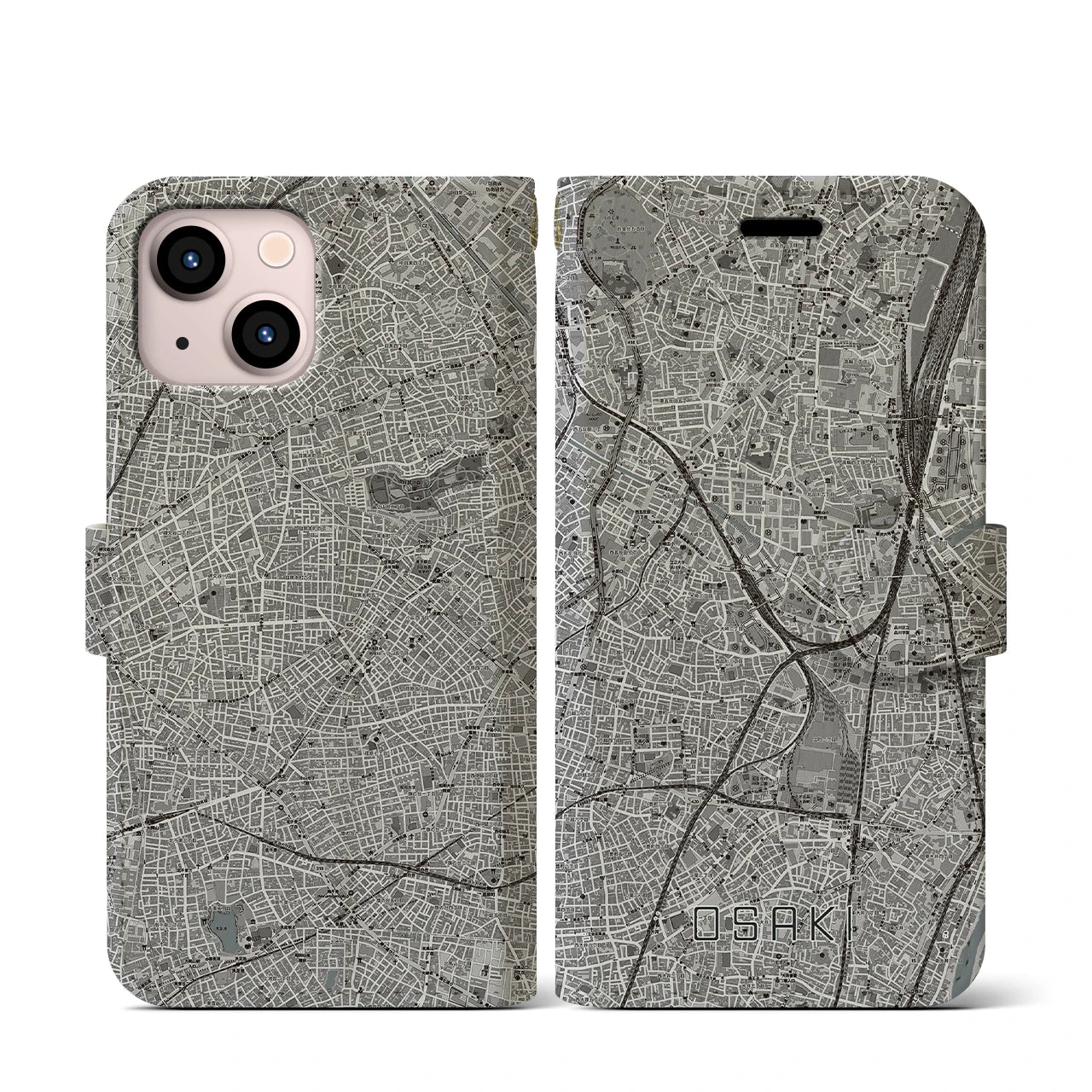 【大崎(東京都)】地図柄iPhoneケース(手帳タイプ)モノトーン・iPhone 13 mini 用