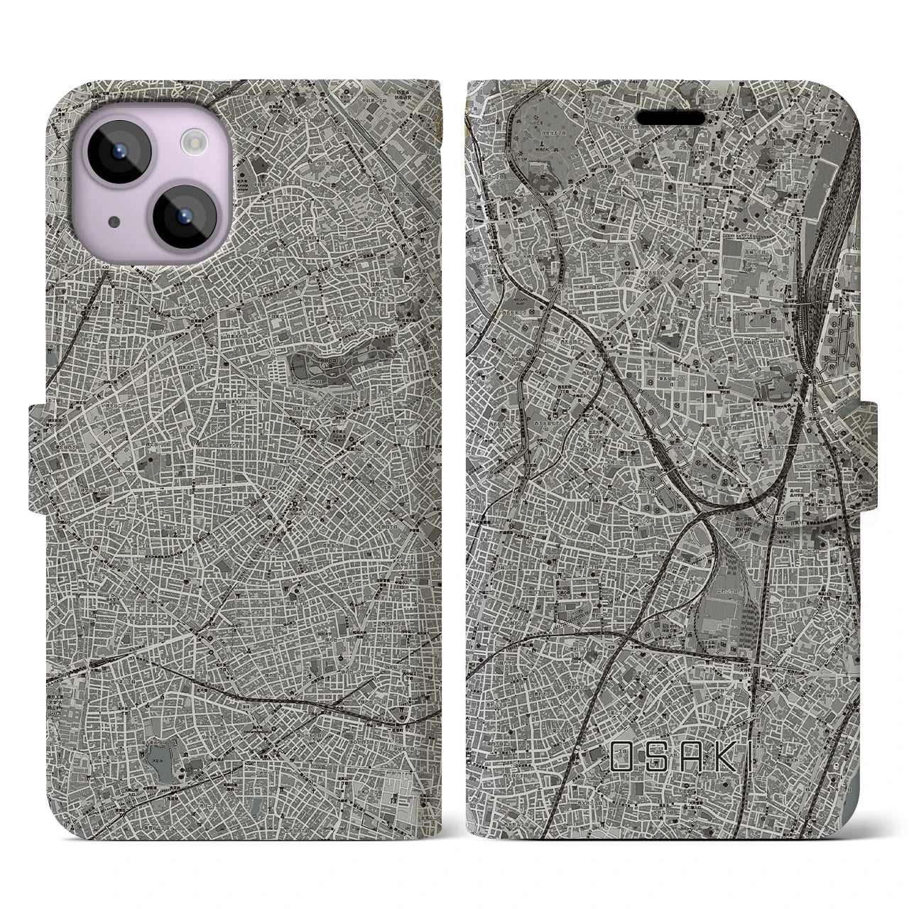 【大崎(東京都)】地図柄iPhoneケース(手帳タイプ)モノトーン・iPhone 14 用