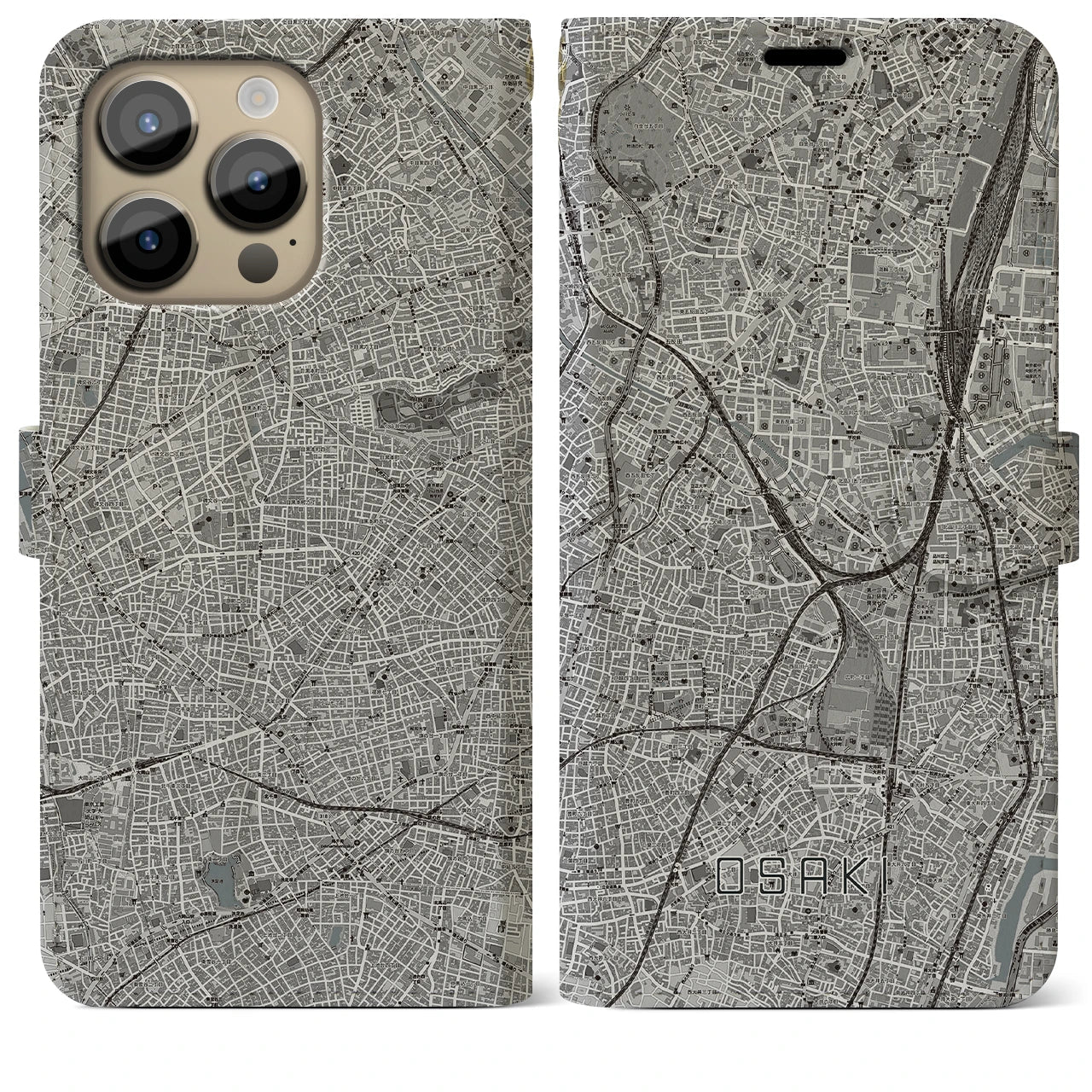 【大崎(東京都)】地図柄iPhoneケース(手帳タイプ)モノトーン・iPhone 14 Pro Max 用