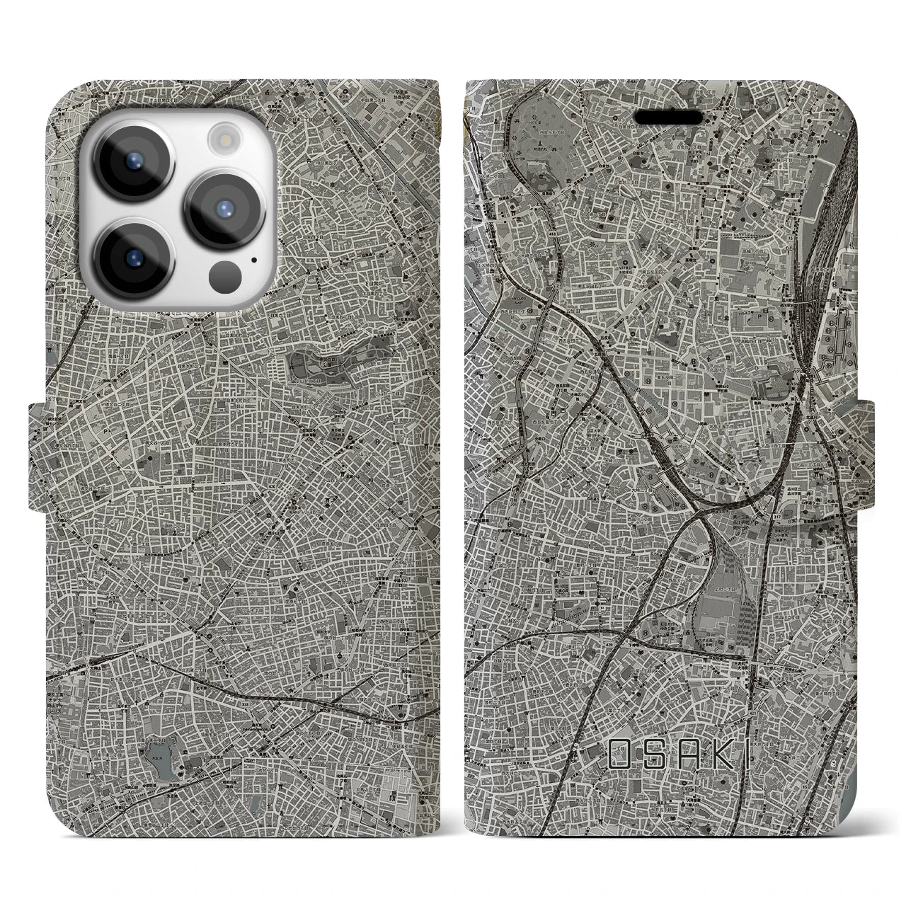 【大崎(東京都)】地図柄iPhoneケース(手帳タイプ)モノトーン・iPhone 14 Pro 用