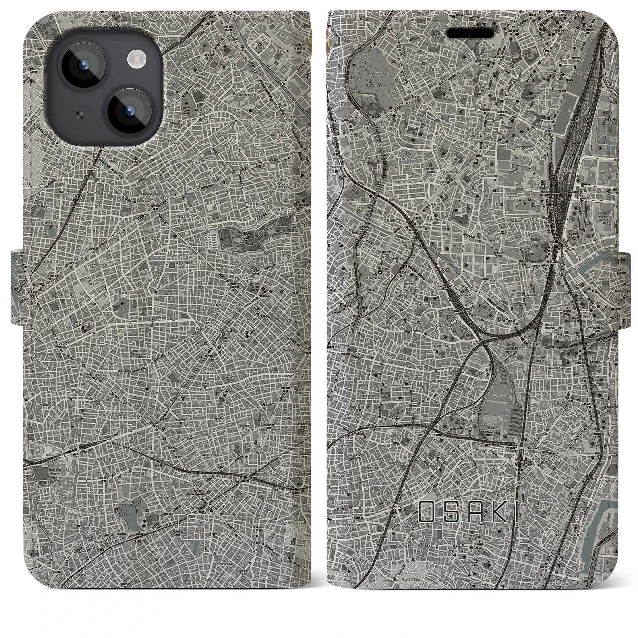 【大崎(東京都)】地図柄iPhoneケース(手帳タイプ)モノトーン・iPhone 14 Plus 用
