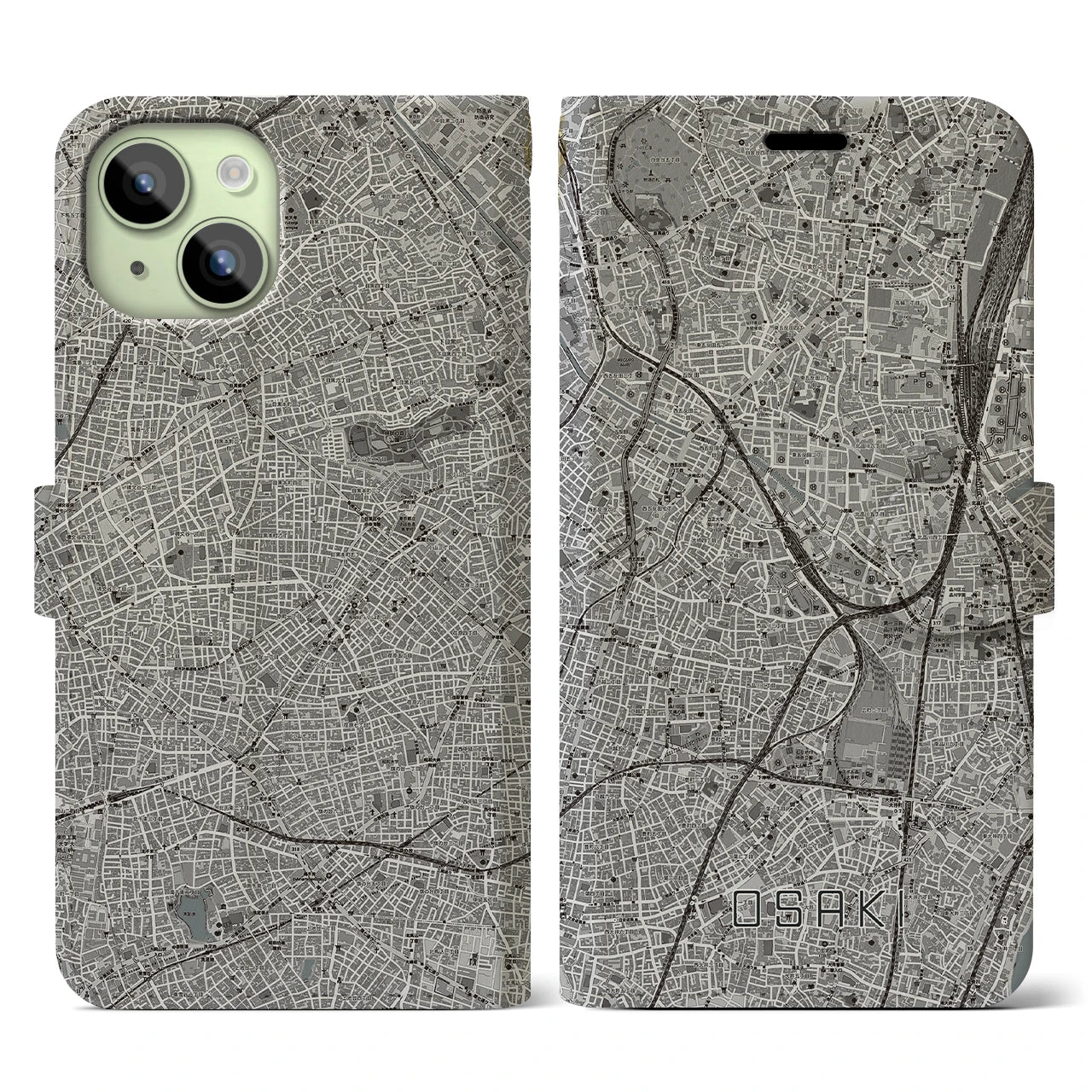 【大崎(東京都)】地図柄iPhoneケース(手帳タイプ)モノトーン・iPhone 15 用