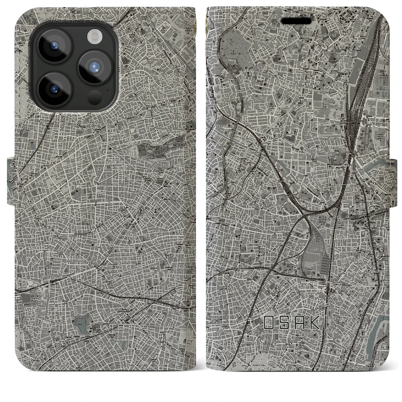 【大崎(東京都)】地図柄iPhoneケース(手帳タイプ)モノトーン・iPhone 15 Pro Max 用