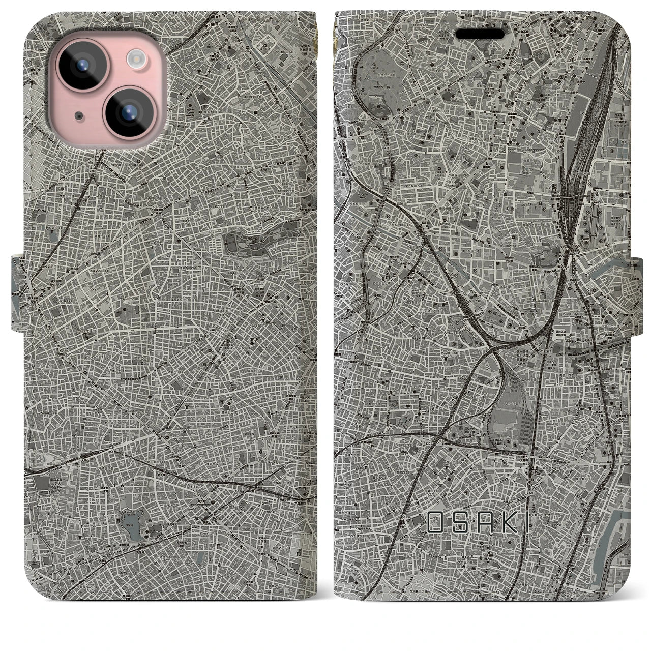 【大崎(東京都)】地図柄iPhoneケース(手帳タイプ)モノトーン・iPhone 15 Plus 用