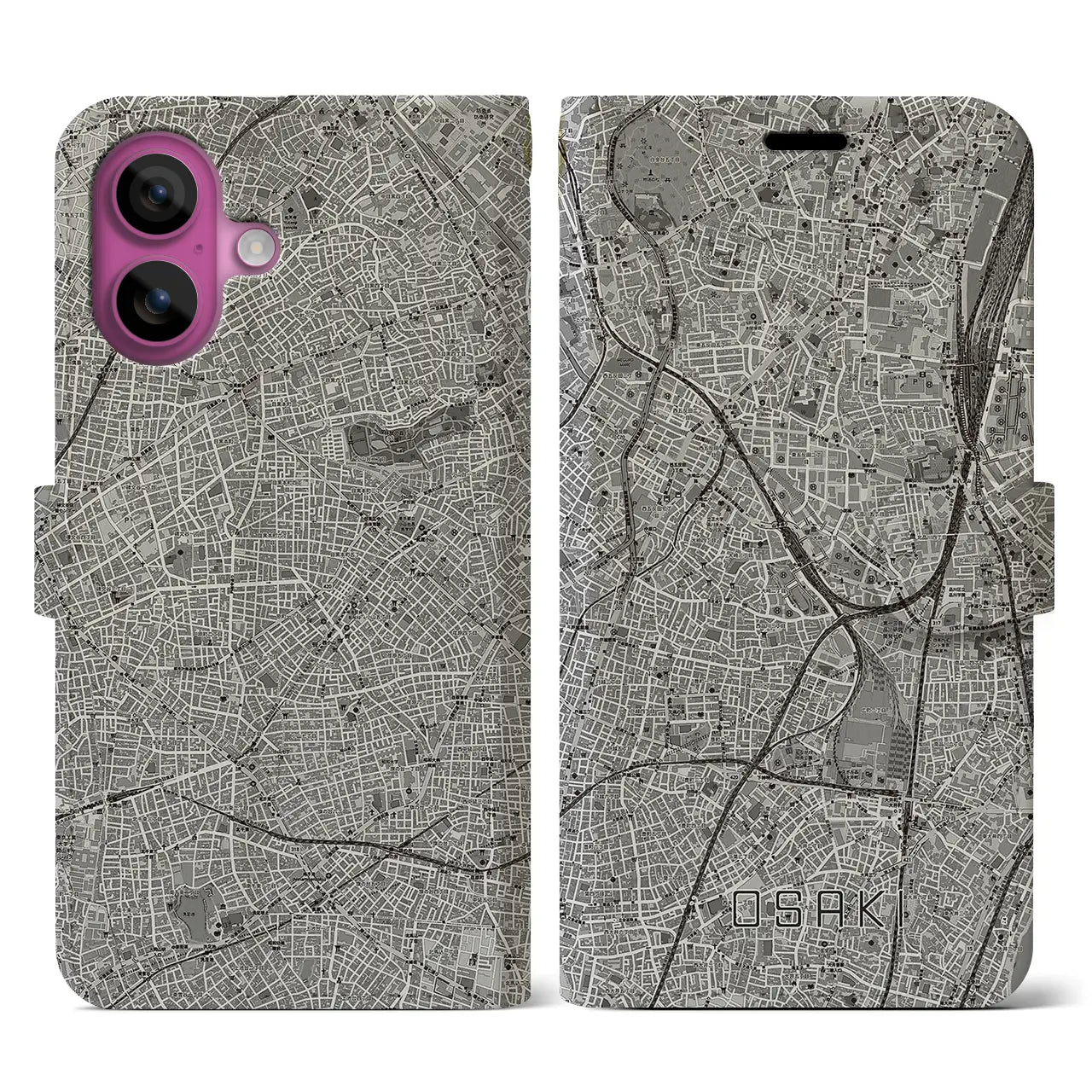 【大崎(東京都)】地図柄iPhoneケース(手帳タイプ)モノトーン・iPhone 16 Pro 用