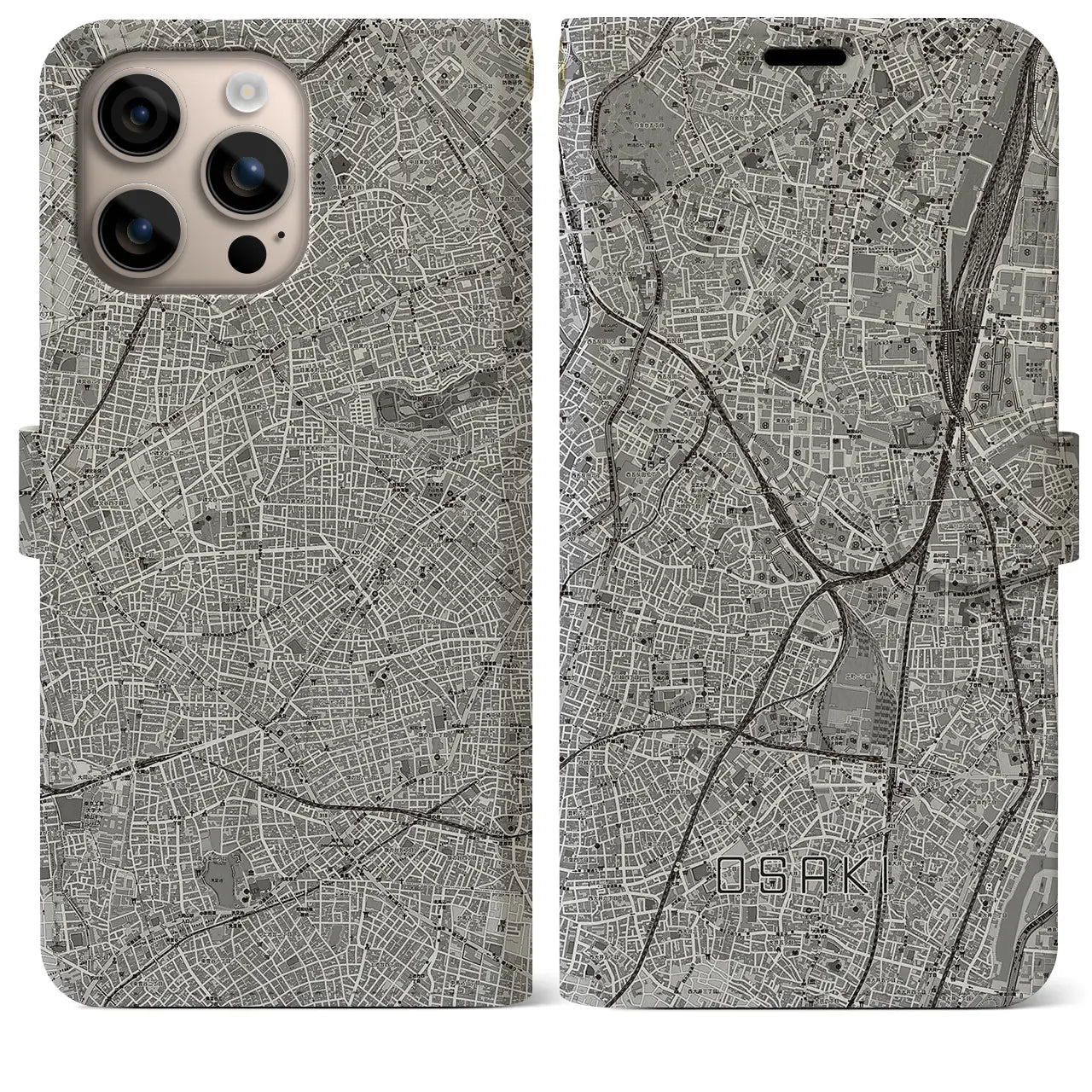 【大崎(東京都)】地図柄iPhoneケース(手帳タイプ)モノトーン・iPhone 16 Plus 用