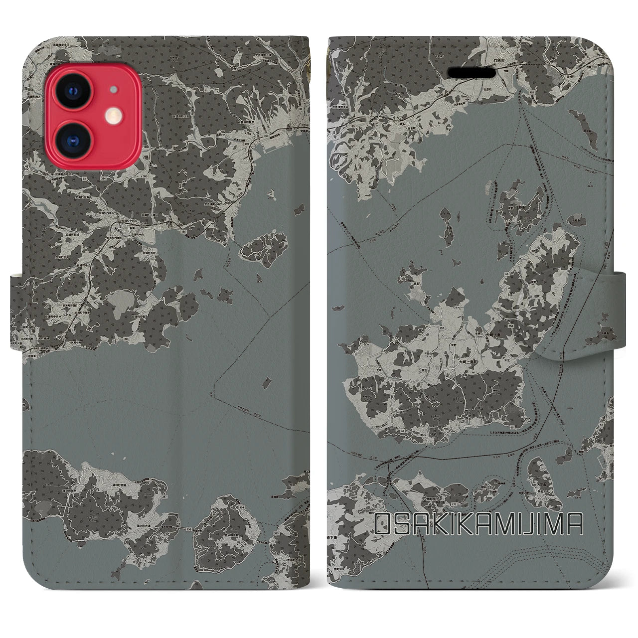 【大崎上島(広島県)】地図柄iPhoneケース(手帳タイプ)モノトーン・iPhone 11 用