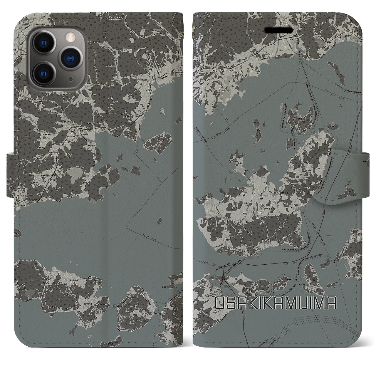 【大崎上島(広島県)】地図柄iPhoneケース(手帳タイプ)モノトーン・iPhone 11 Pro Max 用