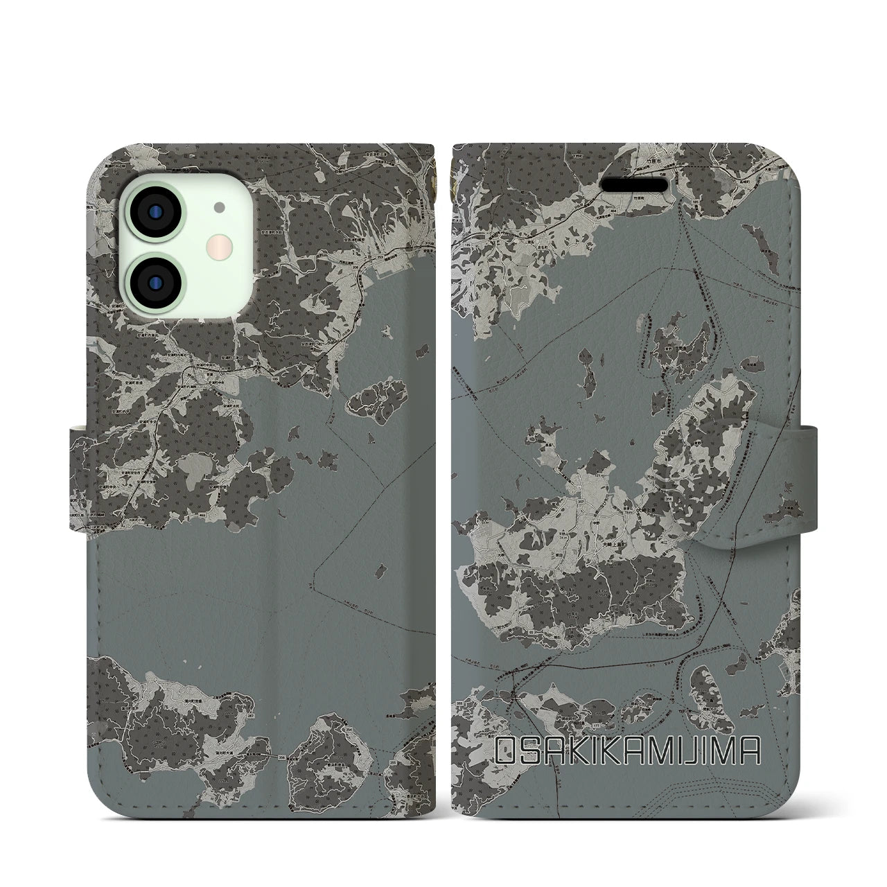 【大崎上島(広島県)】地図柄iPhoneケース(手帳タイプ)モノトーン・iPhone 12 mini 用
