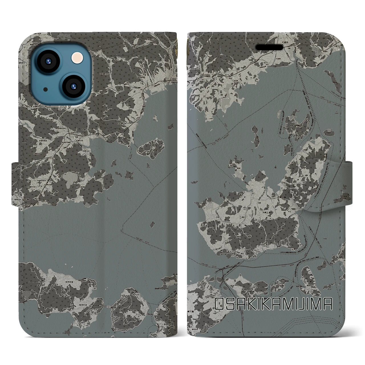 【大崎上島(広島県)】地図柄iPhoneケース(手帳タイプ)モノトーン・iPhone 13 用