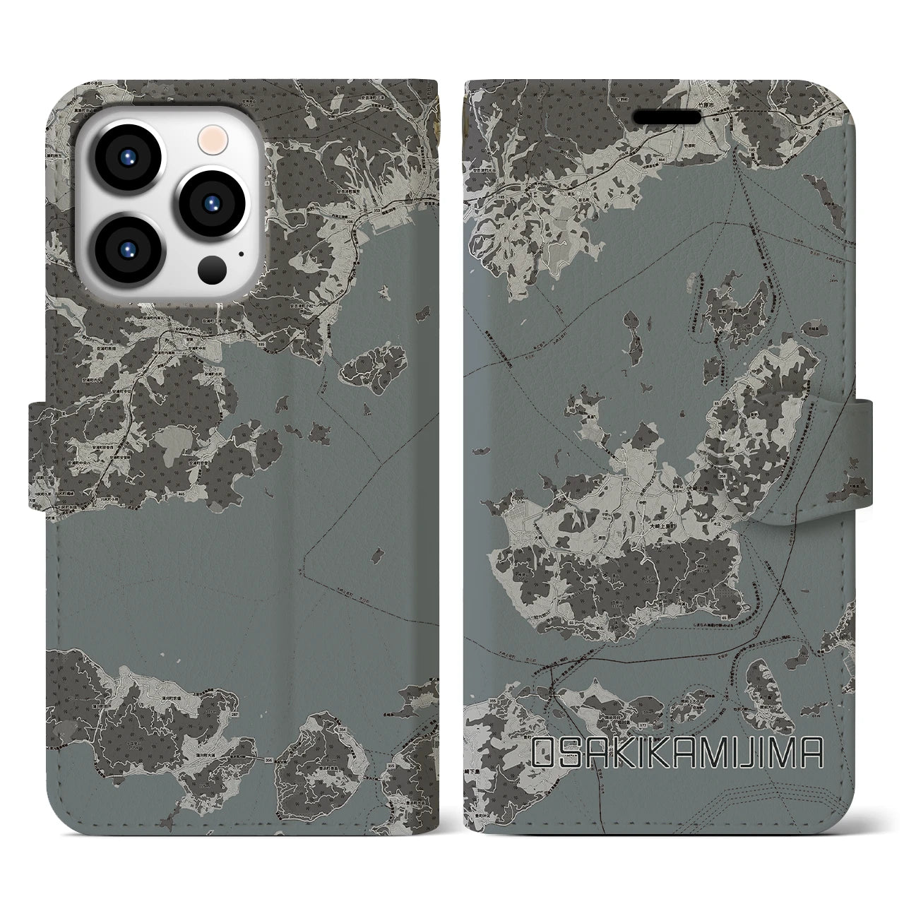【大崎上島(広島県)】地図柄iPhoneケース(手帳タイプ)モノトーン・iPhone 13 Pro 用