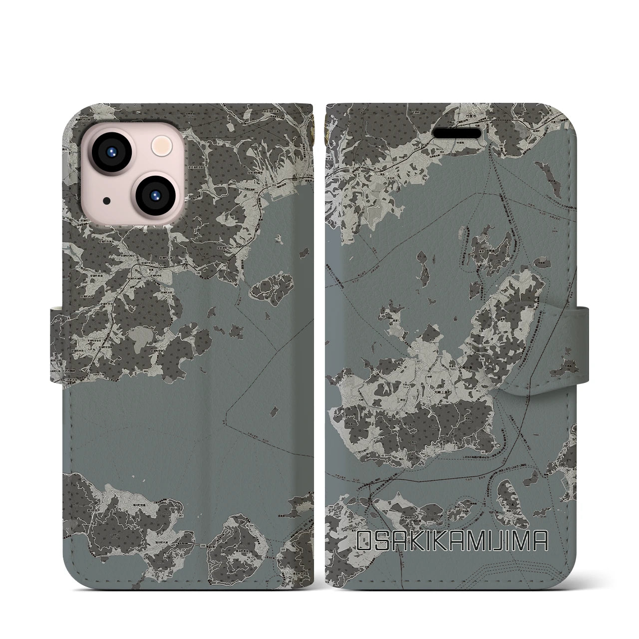【大崎上島(広島県)】地図柄iPhoneケース(手帳タイプ)モノトーン・iPhone 13 mini 用