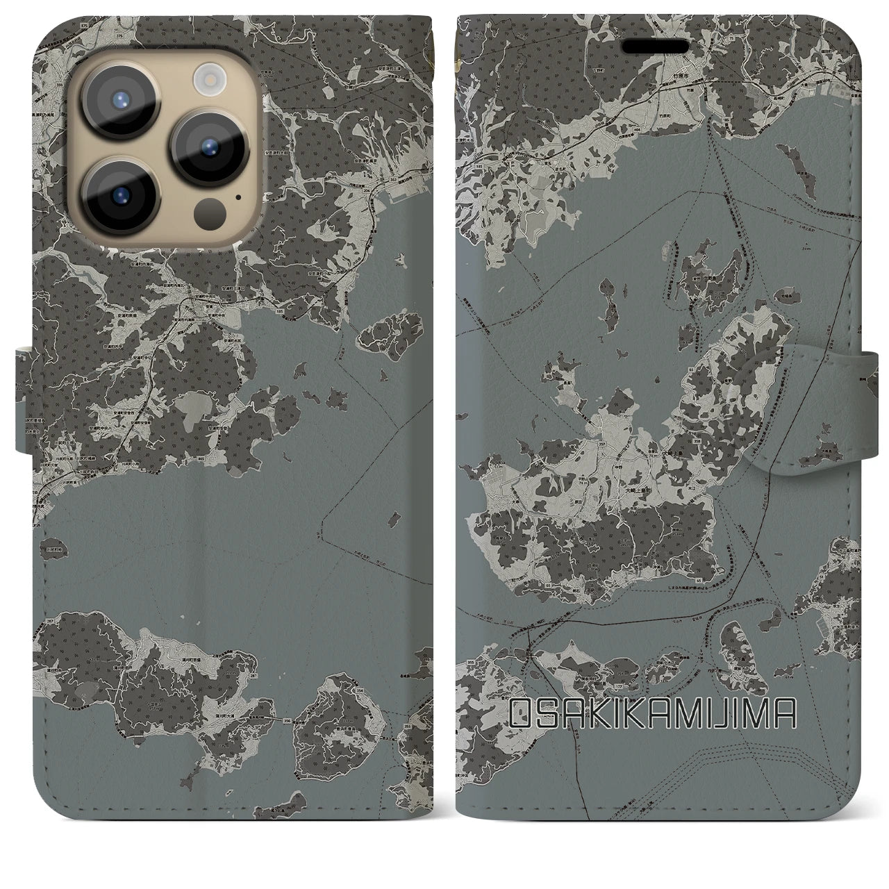 【大崎上島(広島県)】地図柄iPhoneケース(手帳タイプ)モノトーン・iPhone 14 Pro Max 用