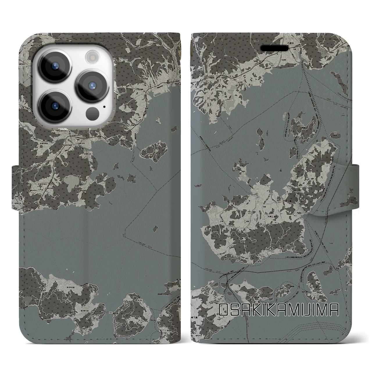 【大崎上島(広島県)】地図柄iPhoneケース(手帳タイプ)モノトーン・iPhone 14 Pro 用