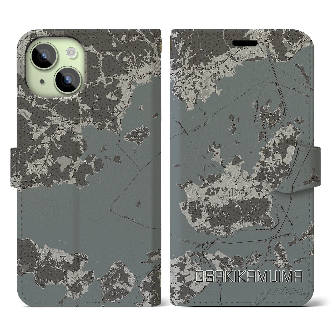 【大崎上島(広島県)】地図柄iPhoneケース(手帳タイプ)モノトーン・iPhone 15 用