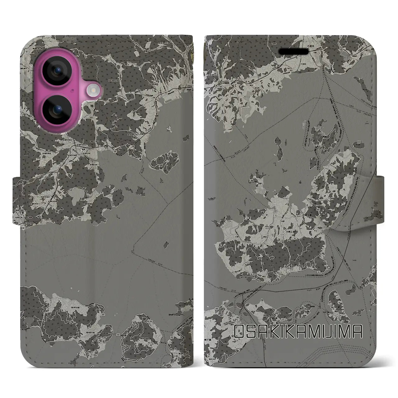 【大崎上島(広島県)】地図柄iPhoneケース(手帳タイプ)モノトーン・iPhone 16 Pro 用
