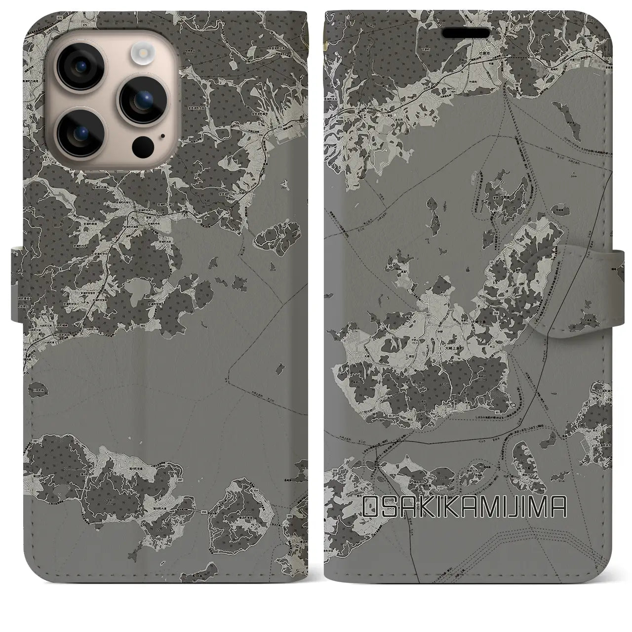 【大崎上島(広島県)】地図柄iPhoneケース(手帳タイプ)モノトーン・iPhone 16 Plus 用