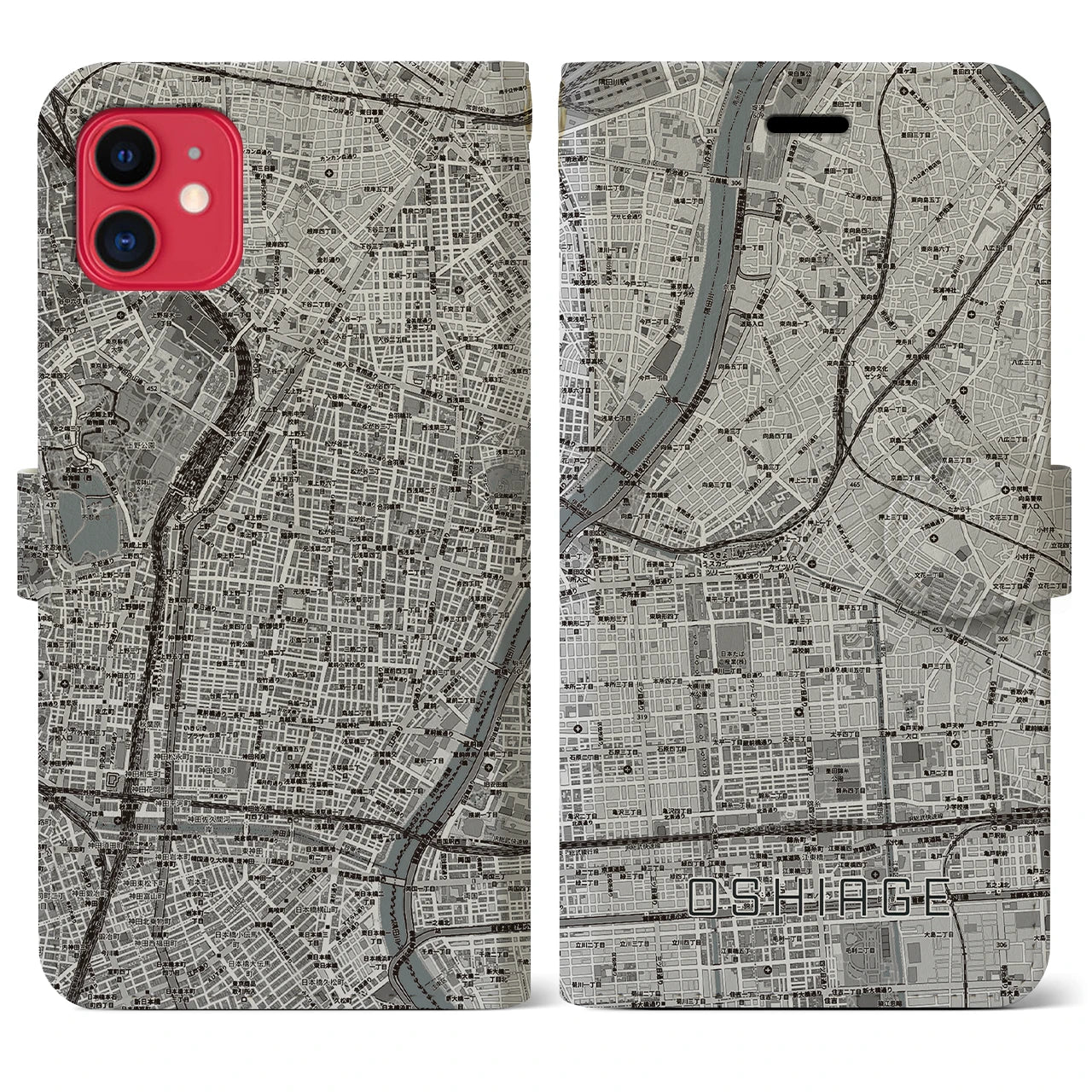 【押上(東京都)】地図柄iPhoneケース(手帳タイプ)モノトーン・iPhone 11 用