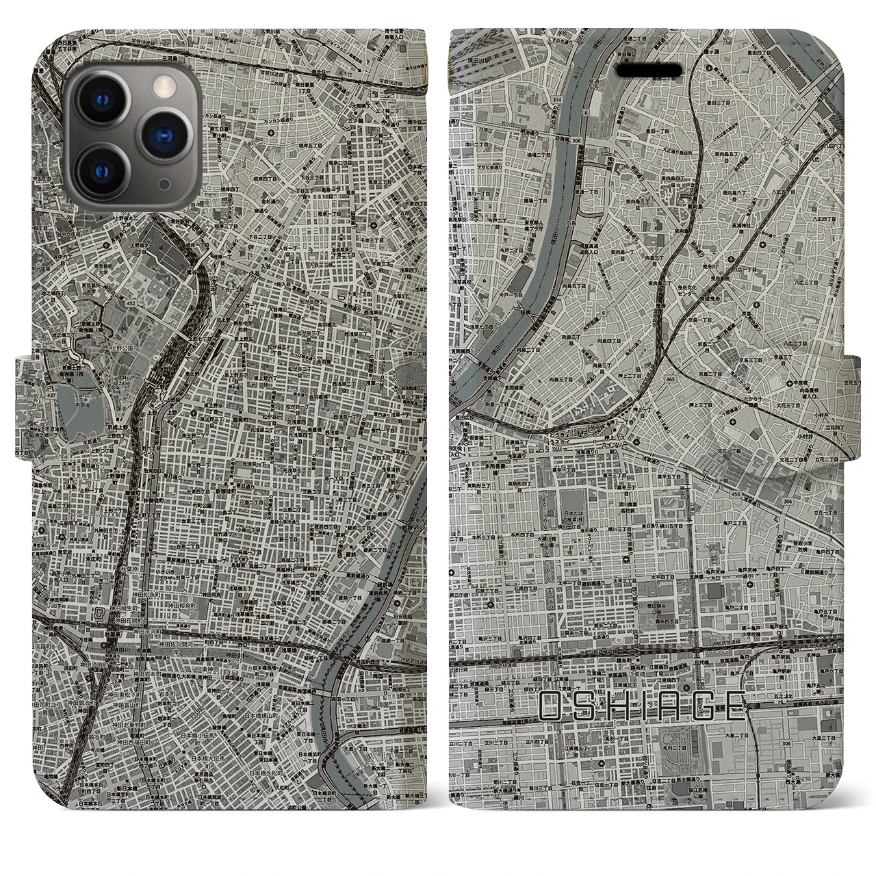 【押上(東京都)】地図柄iPhoneケース(手帳タイプ)モノトーン・iPhone 11 Pro Max 用