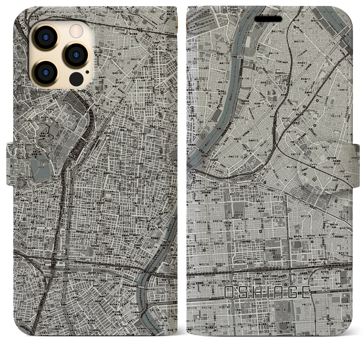 【押上(東京都)】地図柄iPhoneケース(手帳タイプ)モノトーン・iPhone 12 Pro Max 用