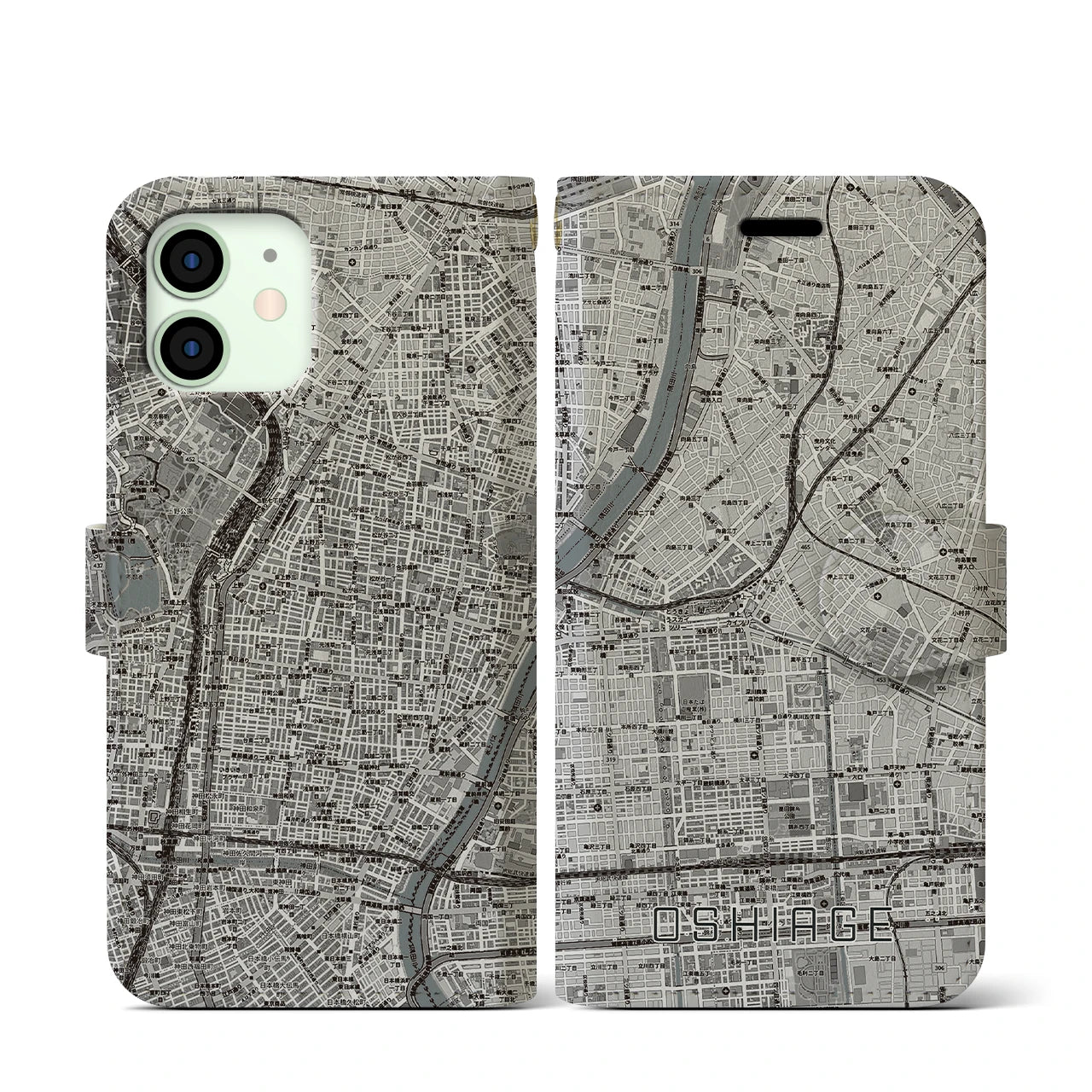 【押上(東京都)】地図柄iPhoneケース(手帳タイプ)モノトーン・iPhone 12 mini 用
